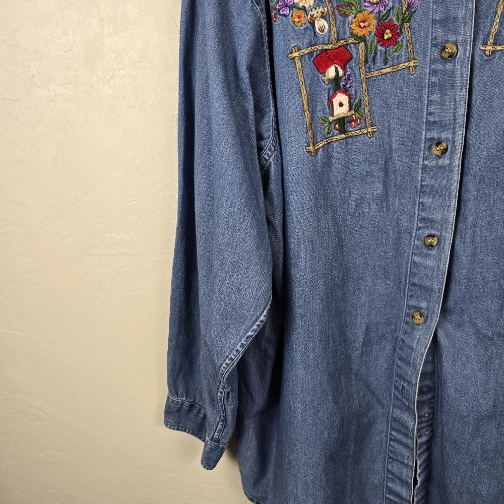 Victoria Jones Woman Denim Chambray Birdhouse Birds Grannycore Vtg Shirt XXL - Picture 11 of 14